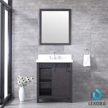 Load image into Gallery viewer, Lexora LM342230SCCSM28 Marsyas 30&quot; Brown Single Vanity, White Quartz Top, White Square Sink and 28&quot; Mirror