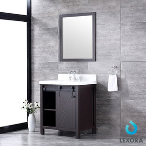 Lexora LM342230SCCSM28 Marsyas 30" Brown Single Vanity, White Quartz Top, White Square Sink and 28" Mirror