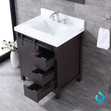 Load image into Gallery viewer, Lexora LM342230SCCSM28 Marsyas 30&quot; Brown Single Vanity, White Quartz Top, White Square Sink and 28&quot; Mirror
