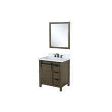 Load image into Gallery viewer, Lexora LM342230SKCSM28 Marsyas 30&quot; Rustic Brown Single Vanity, White Quartz Top, White Square Sink and 28&quot; Mirror