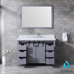 Lexora LM342248SBBSM44 Marsyas 48" Dark Grey Single Vanity, White Carrara Marble Top, White Square Sink and 44" Mirror
