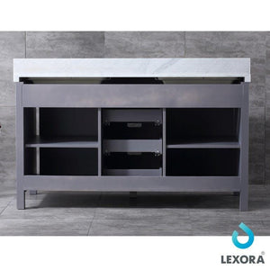 Lexora LM342260DBBSM24 Marsyas 60" Dark Grey Double Vanity, White Carrara Marble Top, White Square Sinks and 24" Mirrors