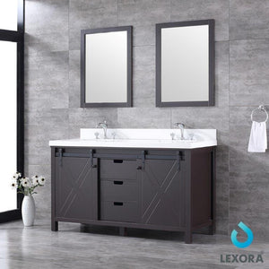 Lexora LM342260DCCSM24 Marsyas 60" Brown Double Vanity, White Quartz Top, White Square Sinks and 24" Mirrors