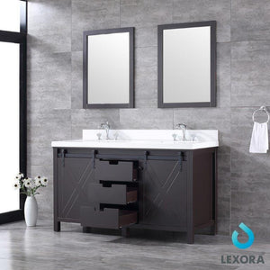 Lexora LM342260DCCSM24 Marsyas 60" Brown Double Vanity, White Quartz Top, White Square Sinks and 24" Mirrors