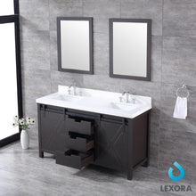 Load image into Gallery viewer, Lexora LM342260DCCSM24 Marsyas 60&quot; Brown Double Vanity, White Quartz Top, White Square Sinks and 24&quot; Mirrors
