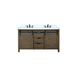 Lexora LM342260DKCS000 Marsyas 60" Rustic Brown Double Vanity, White Quartz Top, White Square Sinks and no Mirror