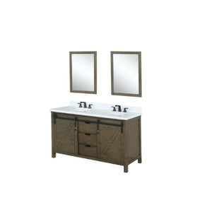 Lexora LM342260DKCSM24 Marsyas 60" Rustic Brown Double Vanity, White Quartz Top, White Square Sinks and 24" Mirrors