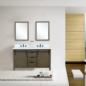 Lexora LM342260DKCSM24 Marsyas 60" Rustic Brown Double Vanity, White Quartz Top, White Square Sinks and 24" Mirrors