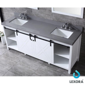 Lexora LM342280DAASM30 Marsyas 80" White Double Vanity, Grey Quartz Top, White Square Sinks and 30" Mirrors