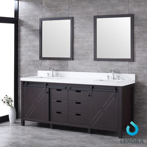 Lexora LM342280DCCSM30 Marsyas 80" Brown Double Vanity, White Quartz Top, White Square Sinks and 30" Mirrors