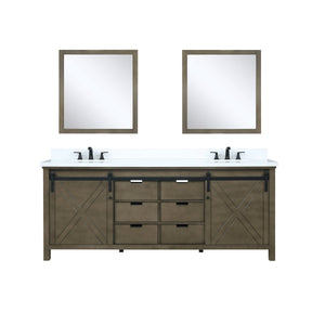 Lexora LM342280DKCSM30 Marsyas 80" Rustic Brown Double Vanity, White Quartz Top, White Square Sinks and 30" Mirrors
