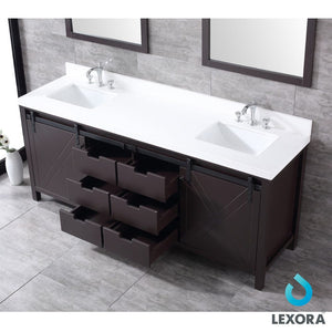 Lexora LM342280DCCS000 Marsyas 80" Brown Double Vanity, White Quartz Top, White Square Sinks and no Mirror