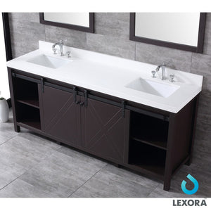 Lexora LM342280DCCSM30 Marsyas 80" Brown Double Vanity, White Quartz Top, White Square Sinks and 30" Mirrors