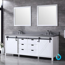 Load image into Gallery viewer, Lexora LM342284DAASM34 Marsyas 84&quot; White Double Vanity, Grey Quartz Top, White Square Sinks and 34&quot; Mirrors