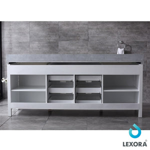 Lexora LM342284DAASM34 Marsyas 84" White Double Vanity, Grey Quartz Top, White Square Sinks and 34" Mirrors