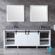 Load image into Gallery viewer, Lexora LM342284DAASM34 Marsyas 84&quot; White Double Vanity, Grey Quartz Top, White Square Sinks and 34&quot; Mirrors