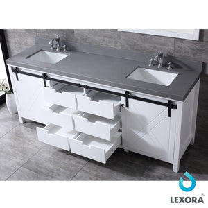 Lexora LM342284DAASM34 Marsyas 84" White Double Vanity, Grey Quartz Top, White Square Sinks and 34" Mirrors