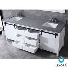 Load image into Gallery viewer, Lexora LM342284DAAS000 Marsyas 84&quot; White Double Vanity, Grey Quartz Top, White Square Sinks and no Mirror