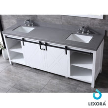 Load image into Gallery viewer, Lexora LM342284DAASM34 Marsyas 84&quot; White Double Vanity, Grey Quartz Top, White Square Sinks and 34&quot; Mirrors