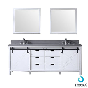 Lexora LM342284DAASM34 Marsyas 84" White Double Vanity, Grey Quartz Top, White Square Sinks and 34" Mirrors