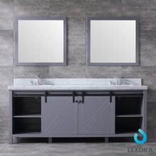 Load image into Gallery viewer, Lexora LM342284DBBSM34 Marsyas 84&quot; Dark Grey Double Vanity, White Carrara Marble Top, White Square Sinks and 34&quot; Mirrors