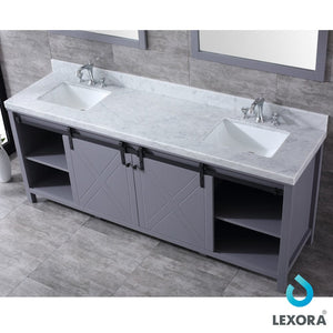 Lexora LM342284DBBSM34 Marsyas 84" Dark Grey Double Vanity, White Carrara Marble Top, White Square Sinks and 34" Mirrors