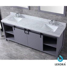 Load image into Gallery viewer, Lexora LM342284DBBS000 Marsyas 84&quot; Dark Grey Double Vanity, White Carrara Marble Top, White Square Sinks and no Mirror