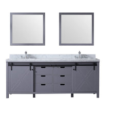 Load image into Gallery viewer, Lexora LM342284DBBSM34 Marsyas 84&quot; Dark Grey Double Vanity, White Carrara Marble Top, White Square Sinks and 34&quot; Mirrors