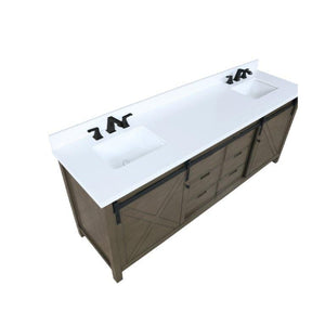 Lexora LM342284DKCS000 Marsyas 84" Rustic Brown Double Vanity, White Quartz Top, White Square Sinks and no Mirror