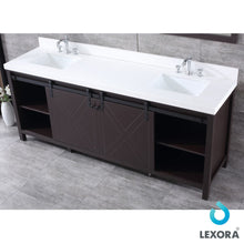 Load image into Gallery viewer, Lexora LM342284DCCSM34 Marsyas 84&quot; Brown Double Vanity, White Quartz Top, White Square Sinks and 34&quot; Mirrors