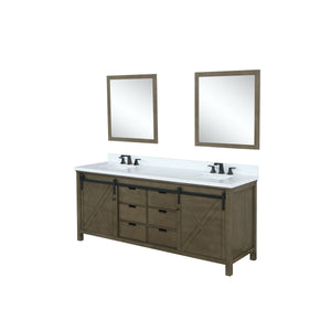 Lexora LM342284DKCSM34 Marsyas 84" Rustic Brown Double Vanity, White Quartz Top, White Square Sinks and 34" Mirrors
