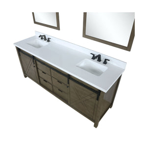 Lexora LM342284DKCSM34 Marsyas 84" Rustic Brown Double Vanity, White Quartz Top, White Square Sinks and 34" Mirrors