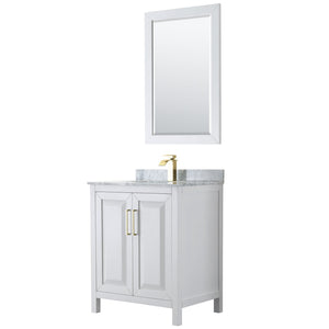 Wyndham Collection WCV252530SWGCMUNSM24 Daria 30 Inch Single Bathroom Vanity in White, White Carrara Marble Countertop, Undermount Square Sink, 24 Inch Mirror, Brushed Gold Trim