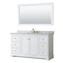 Load image into Gallery viewer, Wyndham Collection WCV232360SWGCMUNOM58 Avery 60 Inch Single Bathroom Vanity in White, White Carrara Marble Countertop, Undermount Oval Sink, 58 Inch Mirror, Brushed Gold Trim