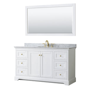 Wyndham Collection WCV232360SWGCMUNOM58 Avery 60 Inch Single Bathroom Vanity in White, White Carrara Marble Countertop, Undermount Oval Sink, 58 Inch Mirror, Brushed Gold Trim