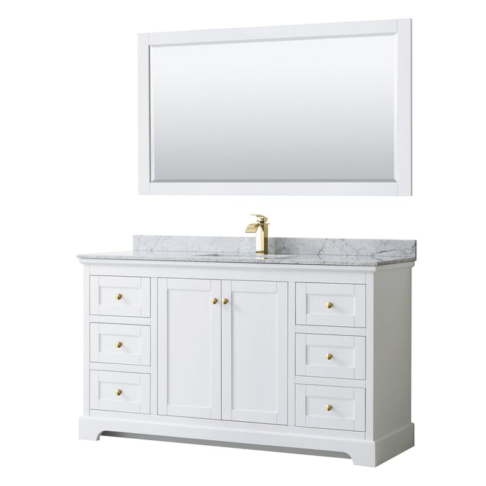 Wyndham Collection WCV232360SWGCMUNSM58 Avery 60 Inch Single Bathroom Vanity in White, White Carrara Marble Countertop, Undermount Square Sink, 58 Inch Mirror, Brushed Gold Trim