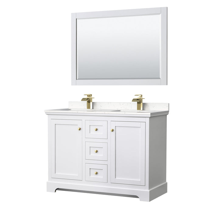 Wyndham Collection WCV232348DWGC2UNSM46 Avery 48 Inch Double Bathroom Vanity in White, Light-Vein Carrara Cultured Marble Countertop, Undermount Square Sinks, 46 Inch Mirror, Brushed Gold Trim