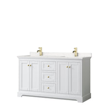 Load image into Gallery viewer, Wyndham Collection WCV232360DWGC2UNSMXX Avery 60 Inch Double Bathroom Vanity in White, Light-Vein Carrara Cultured Marble Countertop, Undermount Square Sinks, Brushed Gold Trim