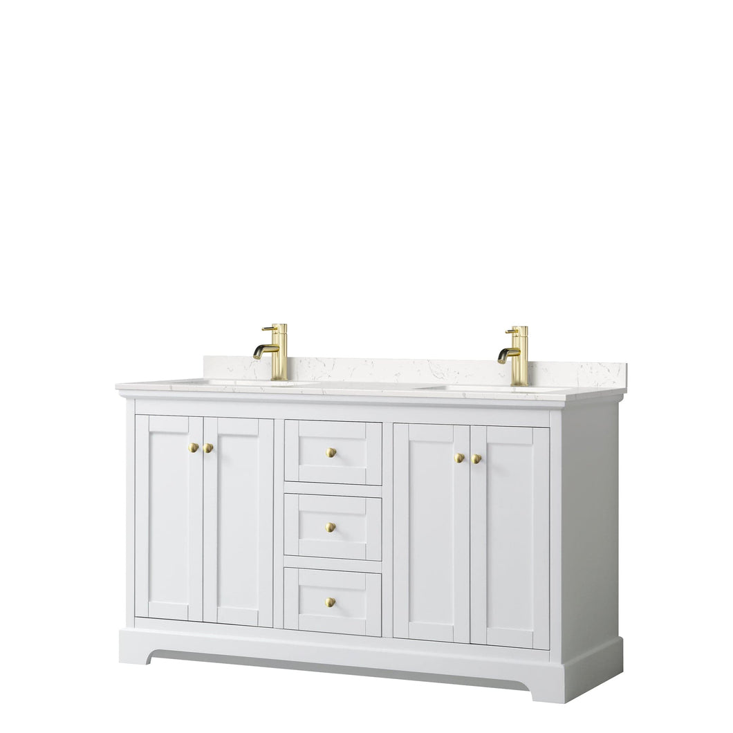 Wyndham Collection WCV232360DWGC2UNSMXX Avery 60 Inch Double Bathroom Vanity in White, Light-Vein Carrara Cultured Marble Countertop, Undermount Square Sinks, Brushed Gold Trim