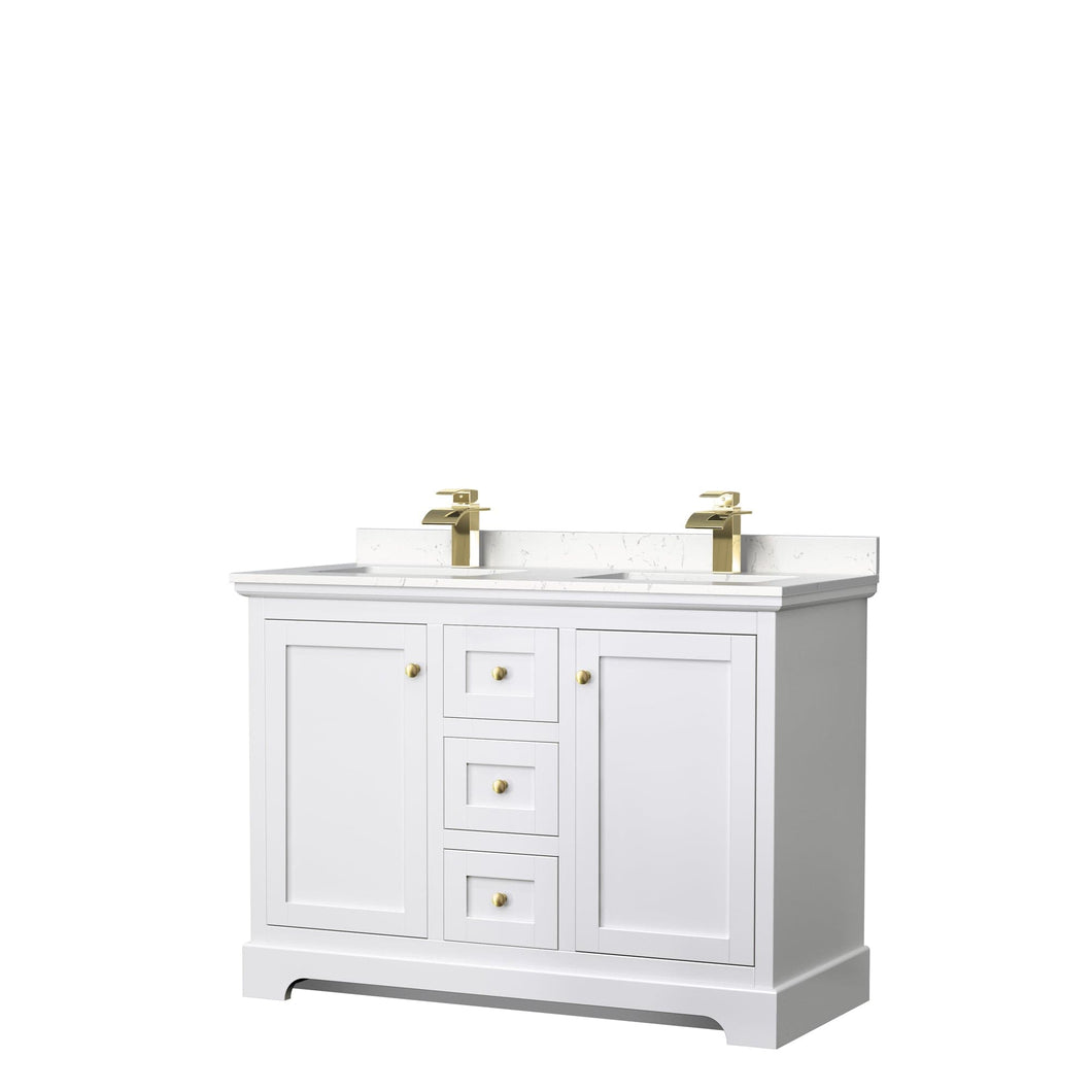 Wyndham Collection WCV232348DWGC2UNSMXX Avery 48 Inch Double Bathroom Vanity in White, Light-Vein Carrara Cultured Marble Countertop, Undermount Square Sinks, Brushed Gold Trim
