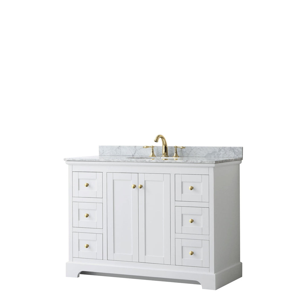 Wyndham Collection WCV232348SWGCMUNOMXX Avery 48 Inch Single Bathroom Vanity in White, White Carrara Marble Countertop, Undermount Oval Sink, Brushed Gold Trim