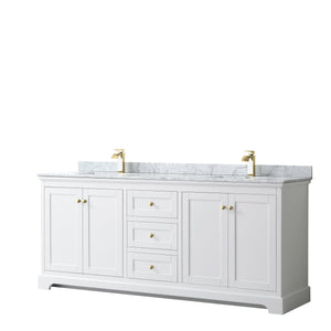 Wyndham Collection WCV232380DWGCMUNSMXX Avery 80 Inch Double Bathroom Vanity in White, White Carrara Marble Countertop, Undermount Square Sinks, Brushed Gold Trim