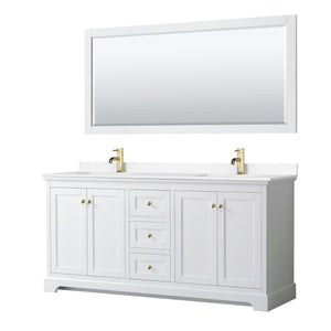 Wyndham Collection WCV232372DWGWCUNSM70 Avery 72 Inch Double Bathroom Vanity in White, White Cultured Marble Countertop, Undermount Square Sinks, 70 Inch Mirror, Brushed Gold Trim