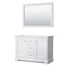 Load image into Gallery viewer, Wyndham Collection WCV232348DWGCXSXXM46 Avery 48 Inch Double Bathroom Vanity in White, No Countertop, No Sinks, 46 Inch Mirror, Brushed Gold Trim