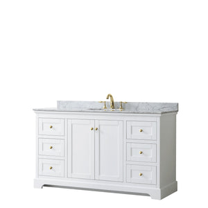 Wyndham Collection WCV232360SWGCMUNOMXX Avery 60 Inch Single Bathroom Vanity in White, White Carrara Marble Countertop, Undermount Oval Sink, Brushed Gold Trim