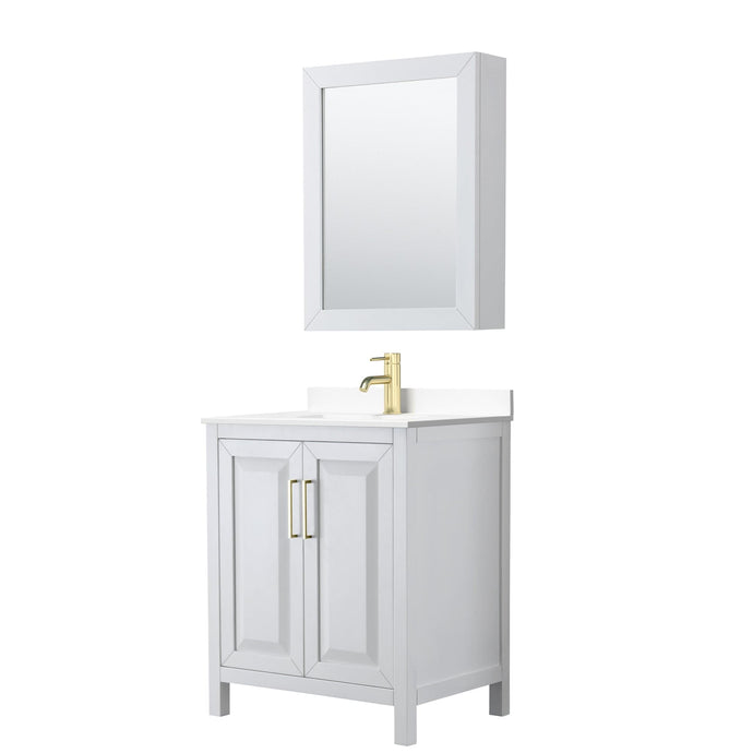 Wyndham Collection WCV252530SWGWCUNSMED Daria 30 Inch Single Bathroom Vanity in White, White Cultured Marble Countertop, Undermount Square Sink, Medicine Cabinet, Brushed Gold Trim