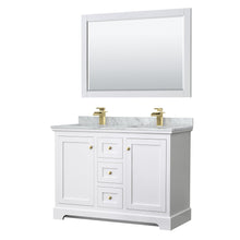Load image into Gallery viewer, Wyndham Collection WCV232348DWGCMUNSM46 Avery 48 Inch Double Bathroom Vanity in White, White Carrara Marble Countertop, Undermount Square Sinks, 46 Inch Mirror, Brushed Gold Trim