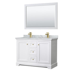 Wyndham Collection WCV232348DWGCMUNSM46 Avery 48 Inch Double Bathroom Vanity in White, White Carrara Marble Countertop, Undermount Square Sinks, 46 Inch Mirror, Brushed Gold Trim