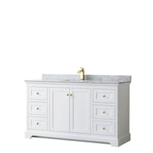 Load image into Gallery viewer, Wyndham Collection WCV232360SWGCMUNSMXX Avery 60 Inch Single Bathroom Vanity in White, White Carrara Marble Countertop, Undermount Square Sink, Brushed Gold Trim