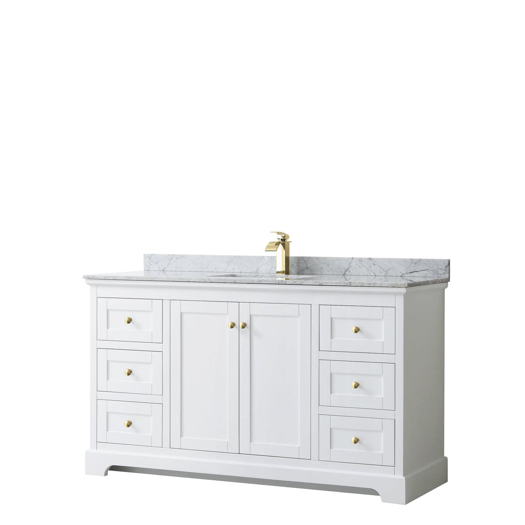 Wyndham Collection WCV232360SWGCMUNSMXX Avery 60 Inch Single Bathroom Vanity in White, White Carrara Marble Countertop, Undermount Square Sink, Brushed Gold Trim
